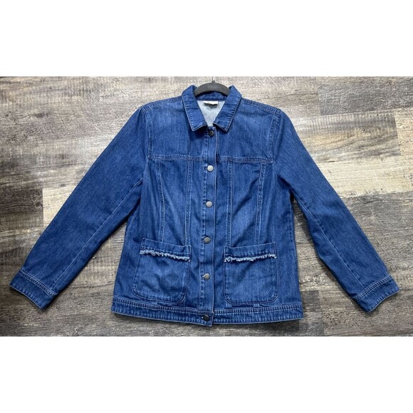 J Jill Denim Blue Jean Size Medium Fringe Trim Button 100% Cotton Shacket - Picture 12 of 12